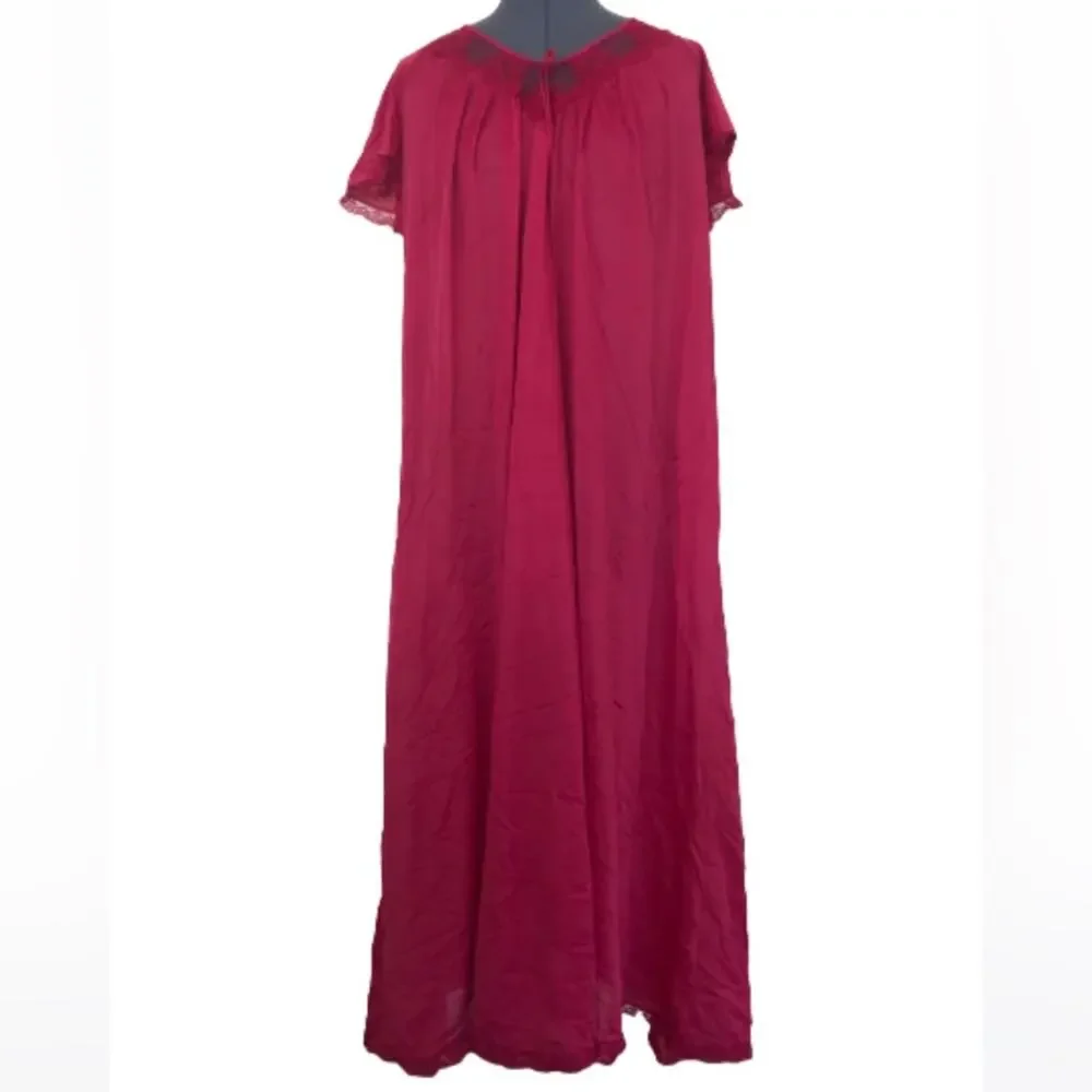 Vintage Pink Nightgown Silky Satin Lace Fuchsia Magenta Short Sleeve 70s 80s - Picture 3 of 7